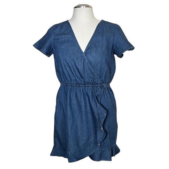 J. Crew Mercantile denim chambray short sleeve faux wrap dress with ruffle hem M - Picture 2 of 12